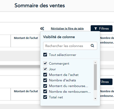 The Find a Transaction report with the Column Visibility popup shown